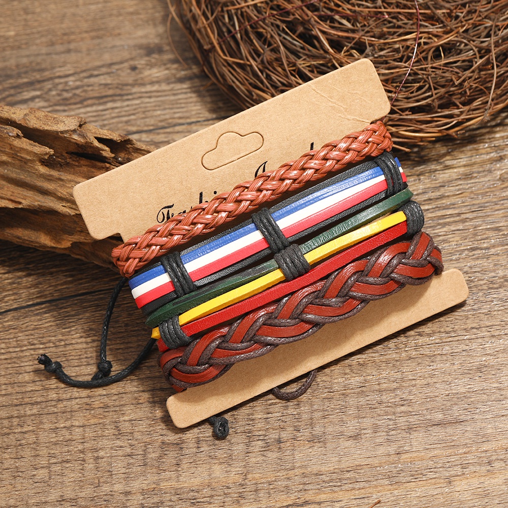 4 / 6 Pcs Gelang Kulit Kombinasi Manik-Manik Kayu Mata Daun Untuk Pria