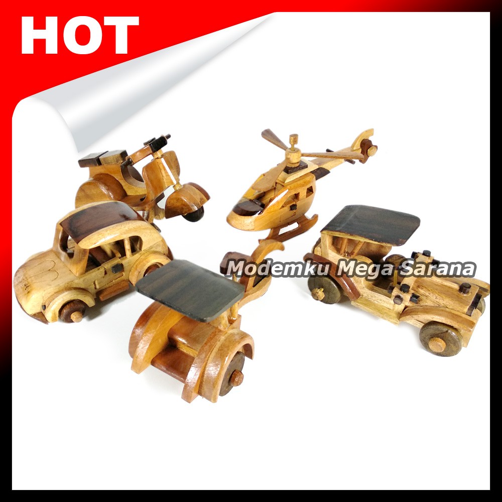 Paket Mini Isi 5pcs - Miniatur Dari Kayu VW Kodok Ontran Helikopter Becak Vespa