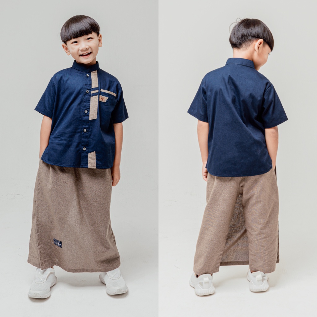 Hooflakids Set Setelan Baju Koko Anak Laki Laki Usia 1-10 Tahun Warna Navy (NKH06) Bawahan Celana Sarung Sarcel