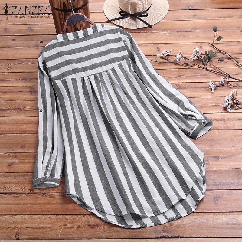 ZANZEA Women Long Sleeve Buttons Down Stripe Asymmetrical Hem Blouse