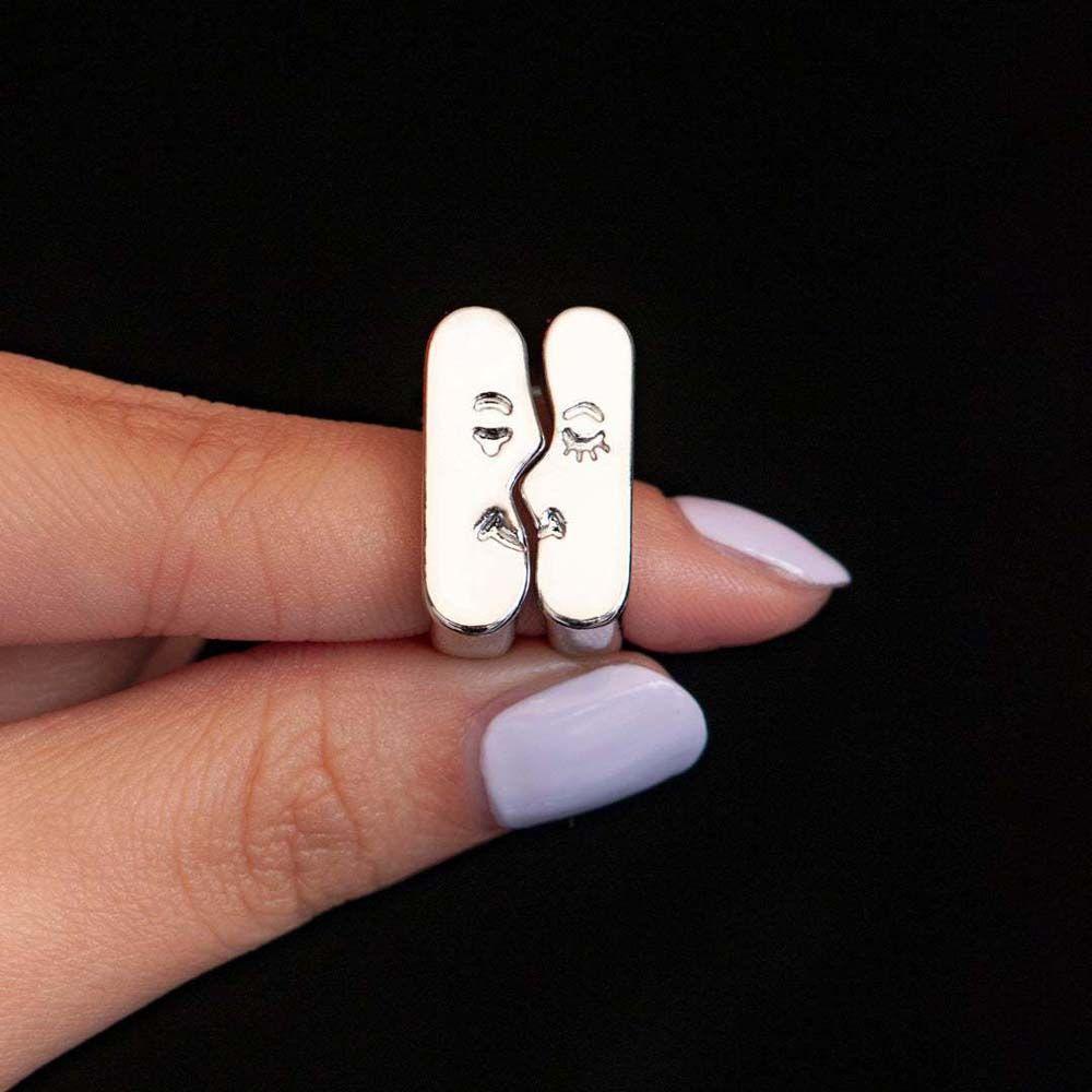 Mxbeauty Cincin Pasangan Perak Fashion Perhiasan Jari Aksesoris Pesta Adjustable Gaya Korea Emoticon Pasangan Ring