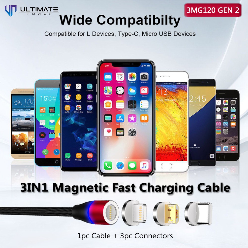 Data Cable 3in1 Ultimate Power 3in1 Magnetic USB Data Cable Fast Charging 3MG120 Gen 2