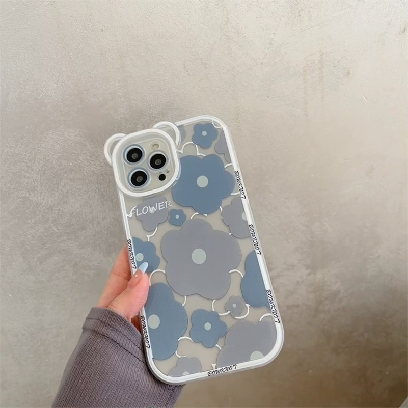 Soft Case Silikon Motif Bunga / Beruang Untuk Compatible for iPhone 14 13 12 11 Pro Max X Xr Xs Max SE 2020 8 7 6 6s Plus handphone Case murah Blue-gray Flower Phone Case Bear Ears All-inclusive Lens Clear Silicone Shockproof Phone Back Casing Cover
