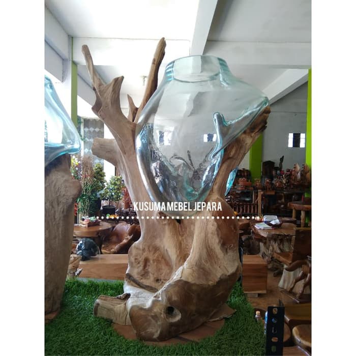 Pot Kaca Hias Kayu Jati Erosi Kode 019 B (Tinggi 75cm)