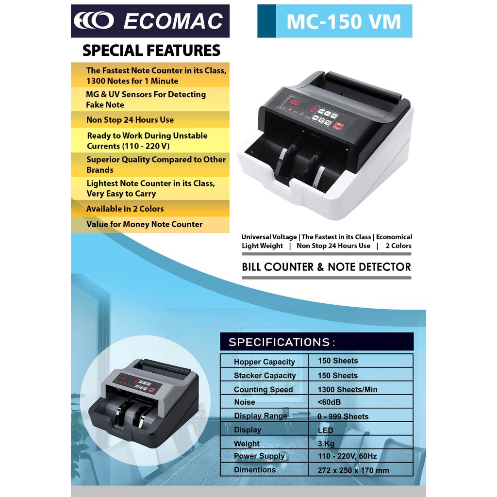 Mesin Penghitung Uang Ultraviolet MG - ECOMAC MC150VM / MC-150VM / MC150 VM Money Counter