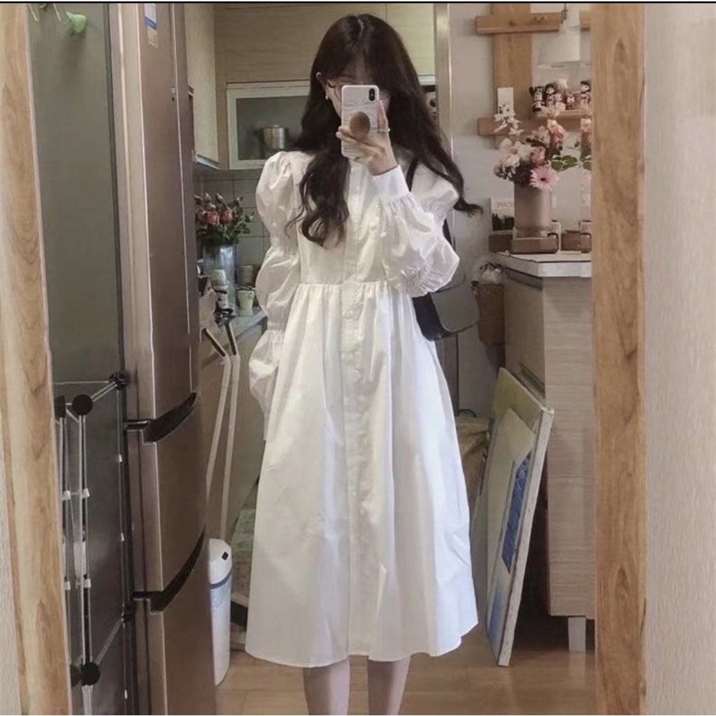 [S.T] Women White Long Sleeve Spring And Autumn Korean Midi Dress Gaun Wanita Lengan Panjang 2827 (S-XL)