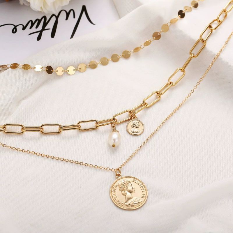 Kalung Rantai 3 Layer Necklace Korea Premium Aksesoris Wanita Kekinian