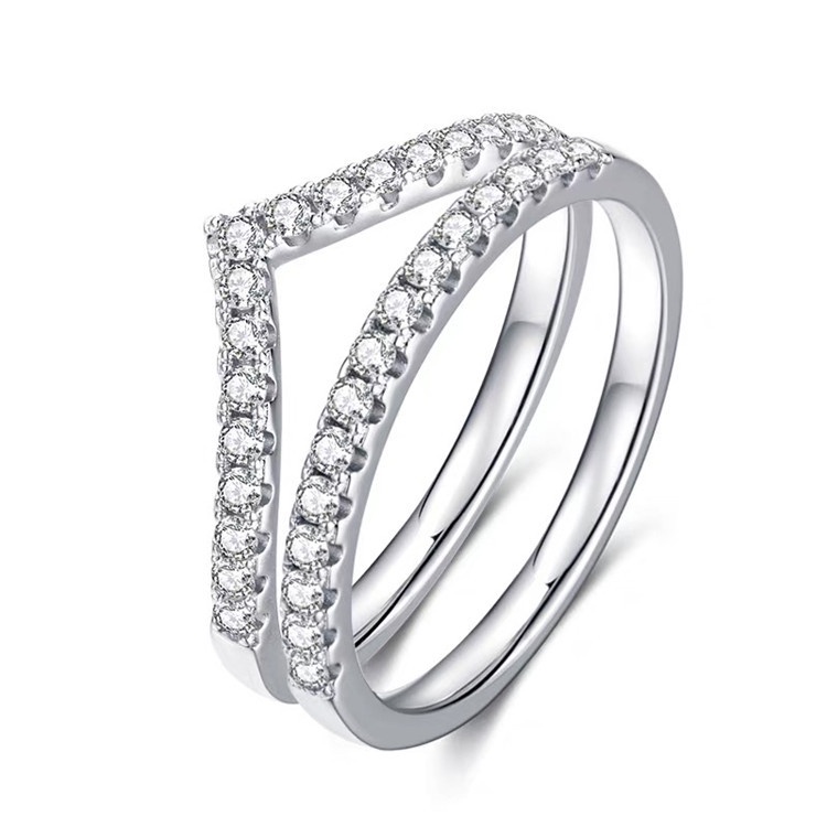2pcs / Set Pandora Cincin 925 Silver Bentuk V Aksen Berlian Cubic Zirconia Dengan Kotak Untuk Wanita