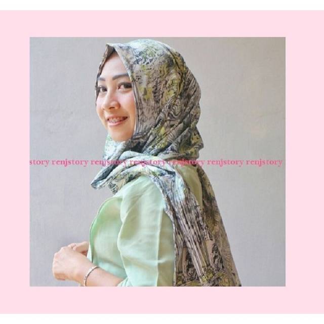 Jilbab pasmina satin hijau motif