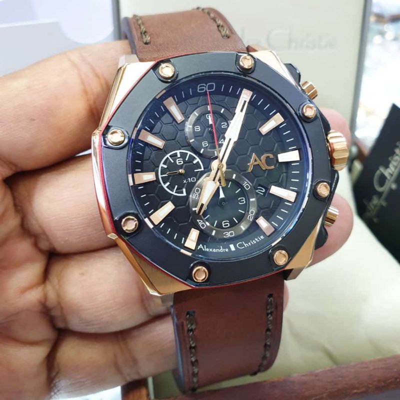 Alexandre Christie Original AC 9601 Jam Tangan tali coklt rose gold