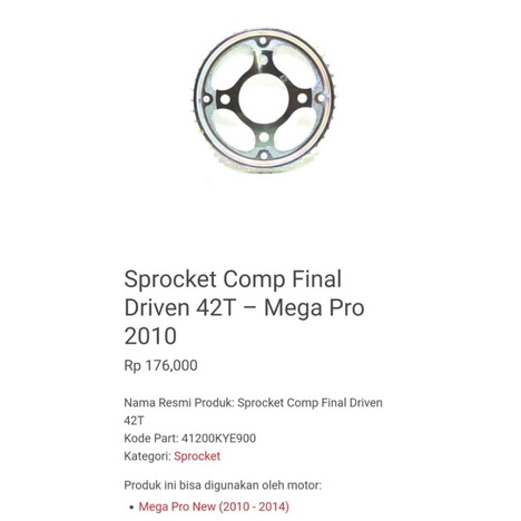 Sprocket Comp Final Driven 42T Gear Belakang Honda New MegaPro Monoshock 2010-2014 41200-KYE-900 Ori