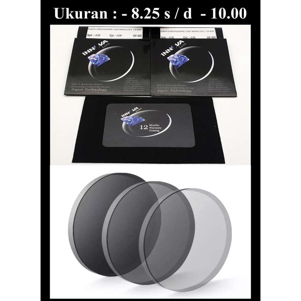 lensa minus PHOTOCROMIC GREY INNOVA ORIGINAL H-INDEX 1.59 lensa minus (8.50 s/d -10.00)