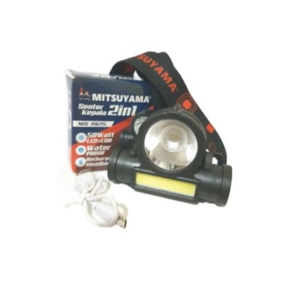 SENTER Mitsuyama MS-1925 senter Kepala LEDCOB Sepeda 2in1 Super Terang/ headlamp waterproff 5watt  setara 50WATT Rechargeable BERKUALITAS DAN MURAH