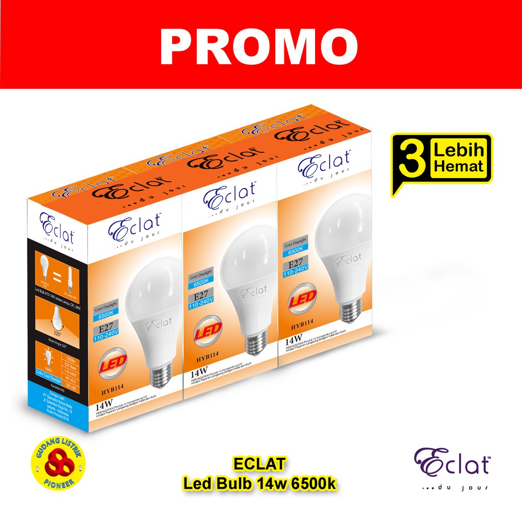 Eclat Lampu LED 14W Putih Paket PROMO Lebih Hemat 3 Bulb 14 Watt CDL