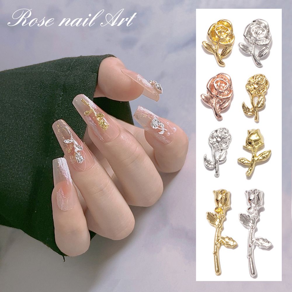 Mxbeauty 5pcs / Set Ornamen Bunga Mawar 3d Warna Silver / Gold Untuk Dekorasi Nail Art / Manicure Diy