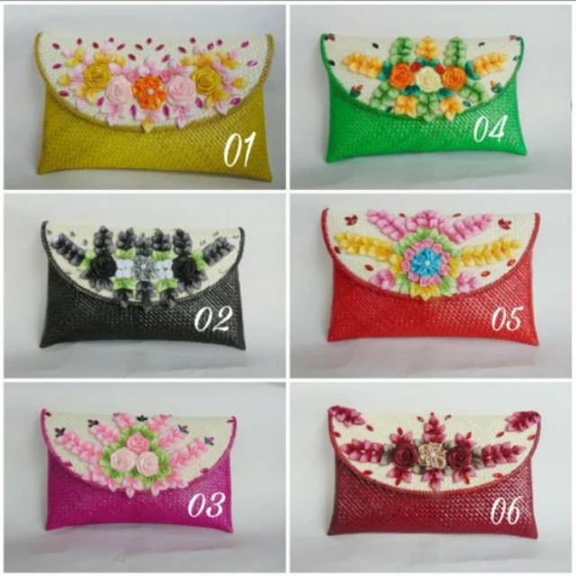 Clutch Pesta Motif Bunga Anyaman Pandan etnik /Cluth Bunga Full Kecil + Rantai