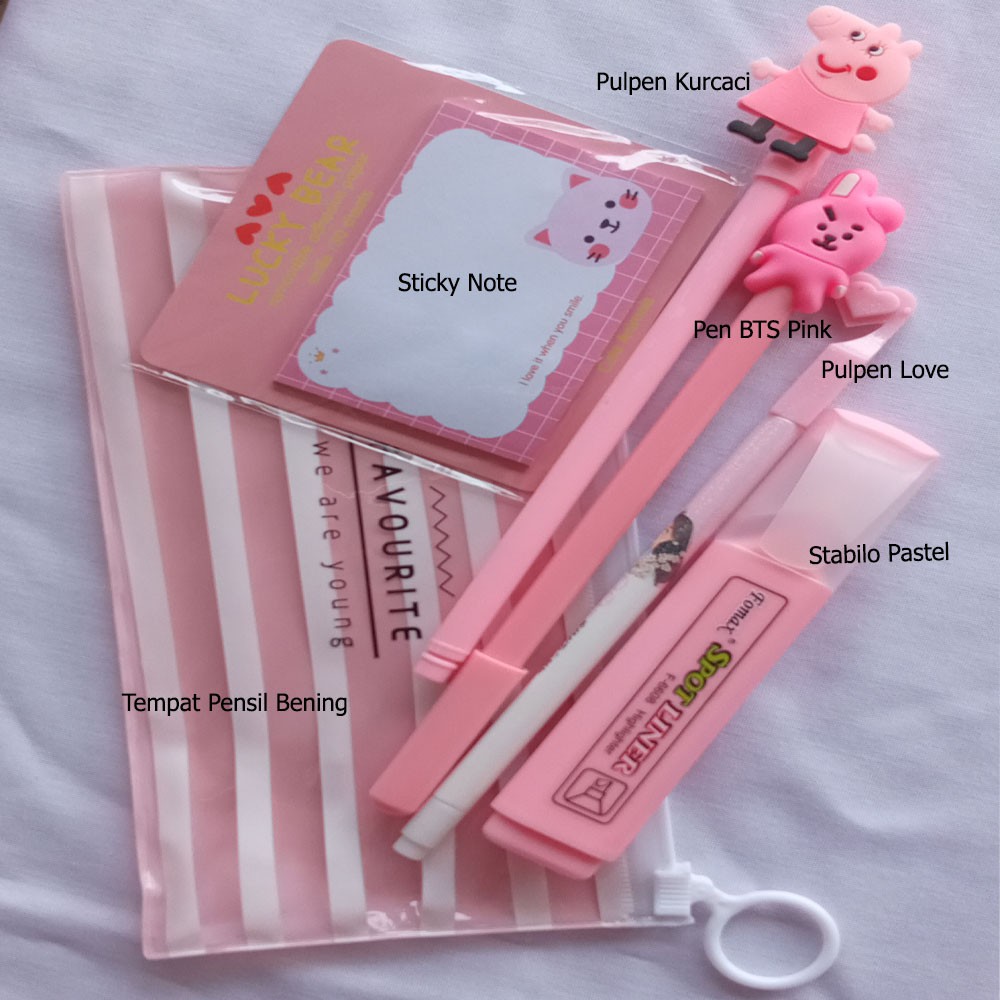 

1 SET ALAT TULIS PULPEN GEL KARAKTER BTS21 BT21 BTS CHOOKY PINK PENA KURCACI TEMPAT PENSIL ZIP NOTES