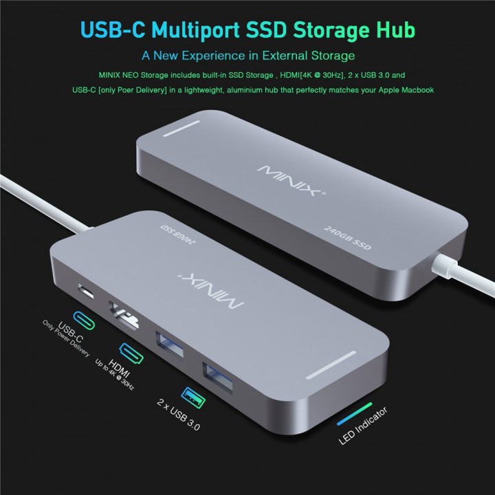 MINIX NEO S2 - USB-C Multiport 240GB SSD Storage Hub for Laptop/Notebook with Type-C Port