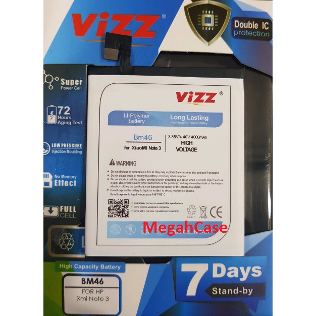 Baterai Vizz XIAOMI BM46 REDMI NOTE 3 DOUBLE POWER VIZZ ORIGINAL