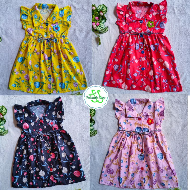 Dress anak usia pakai 1 2 tahun motif tulip kancing fatonah shop ( dress kancing tulip )