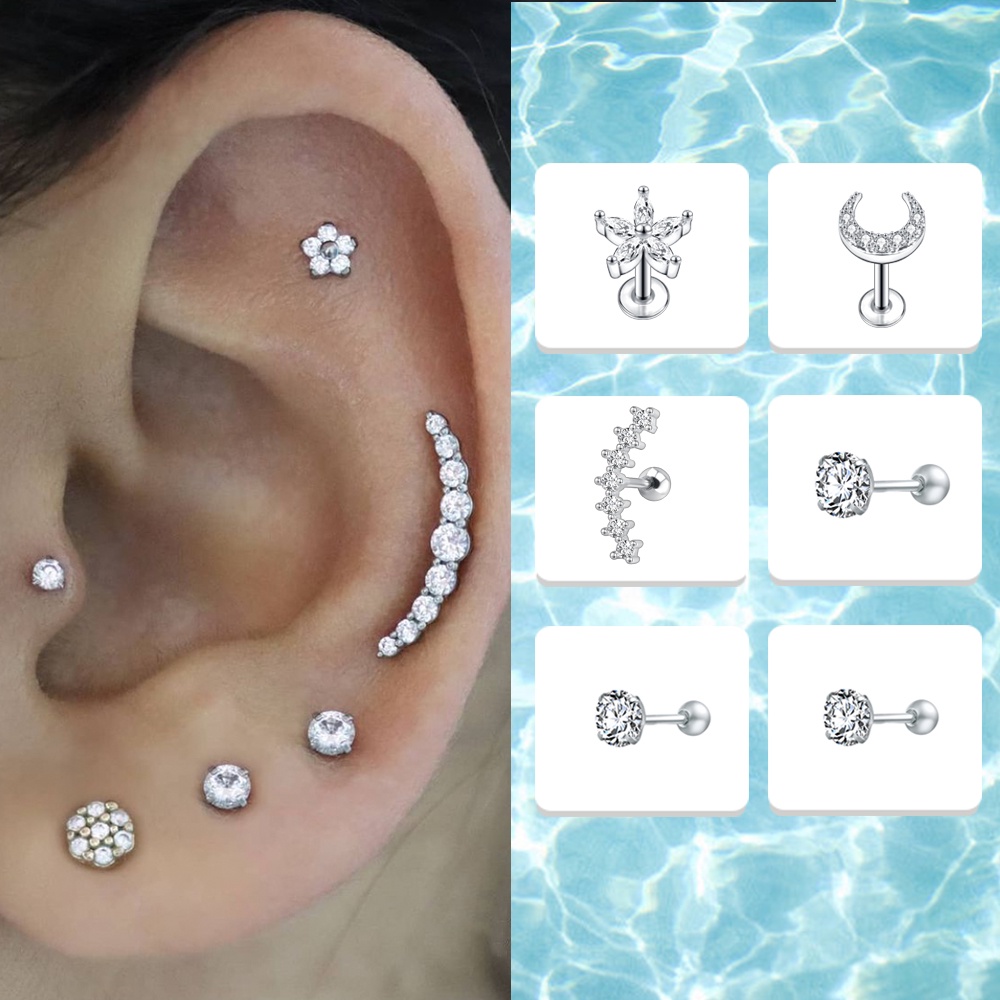 1 Set Anting Stud Kristal Bahan Stainless Steel Untuk Tindik Tulang Rawan