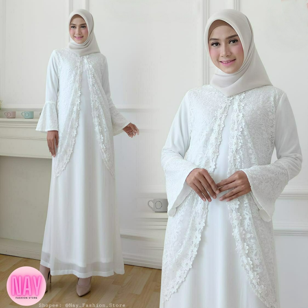 Gamis Putih Jumbo Brukat Mewah Wanita / Baju Lebaran Umroh Haji - ANNETH