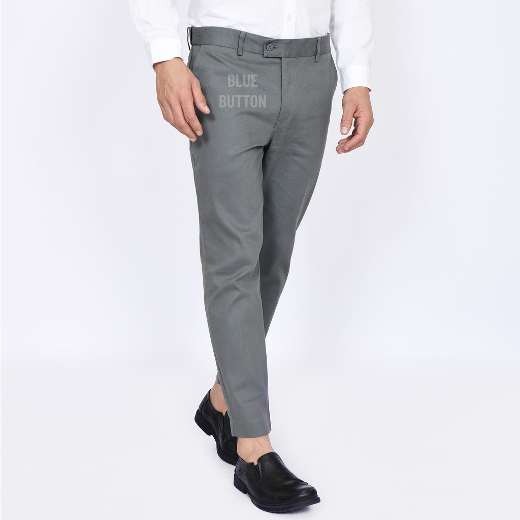 BlueButton Smart Chino Ankle Pants Slim Fit Stretch Magic Waist - Celana Panjang Pria Kerja Formal Kantor Light Grey