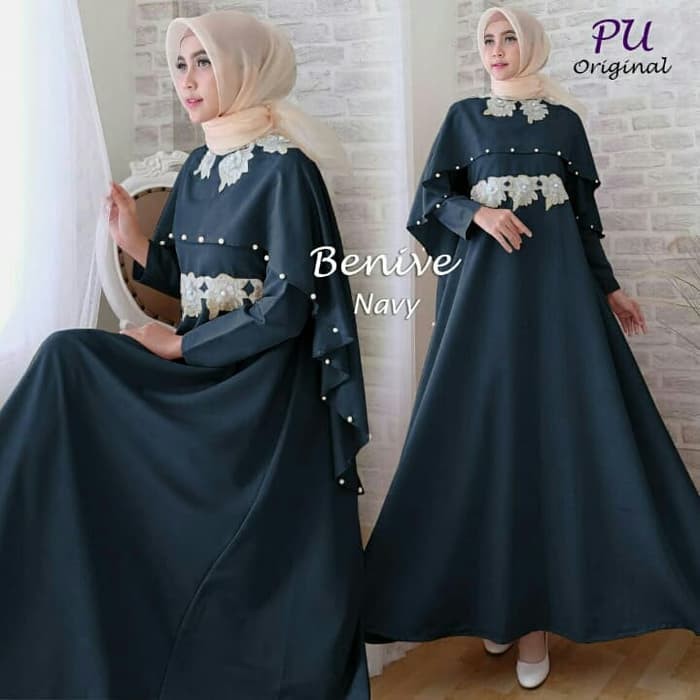 NISSA SABYAN  Gamis Kebaya Pesta Benive Brukat Navy Baju Pesta Gamis Bordir Mutiara - Biru Muda