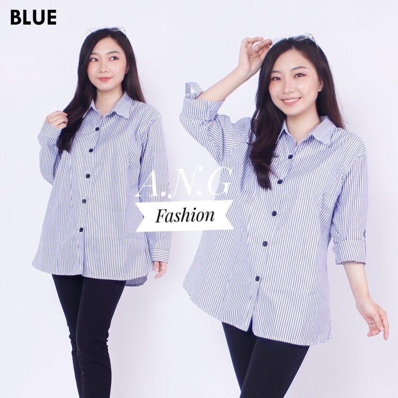 Kemeja Wanita Basic Trendy Lengan Panjang Salur Premium/ Atasan Wanita-2