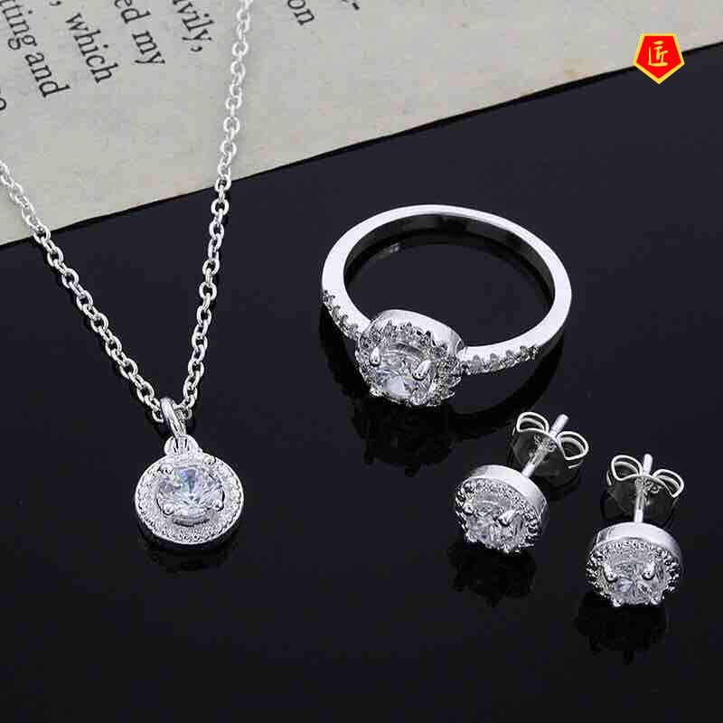 [Ready Stock]Crystal Silver Necklace Ring Earrings Three-Piece Set