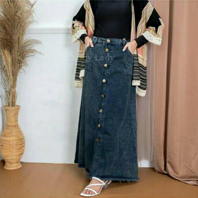 LADY ROK BUTTON | ROK JEANS PANJANG KANCING DEPAN BUTTON UP MAXI SKIRT SNOW TERBARU BEST SELLER