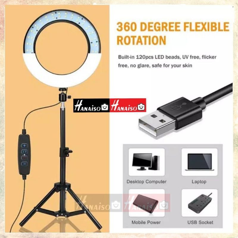 Termurah MEDAN Hanaiso RING LIGHT 26 CM + TRIPOD STAND 2.1 M RINGLIGHT MAKE UP LIVE STREAMING VLOGGER