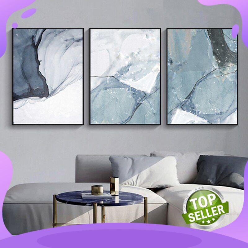 Lukisan Dinding Impor Abstrak Marmer Kanvas Cetak Biru Muda Poster Nordic Pop Seni Gambar Di Atas Ru
