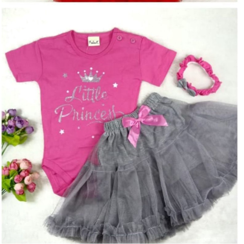 Baju Bayi Perempuan Setelan Jumper rok tutu 0-18 Bulan FREE BANDO pink tutu motif little princess