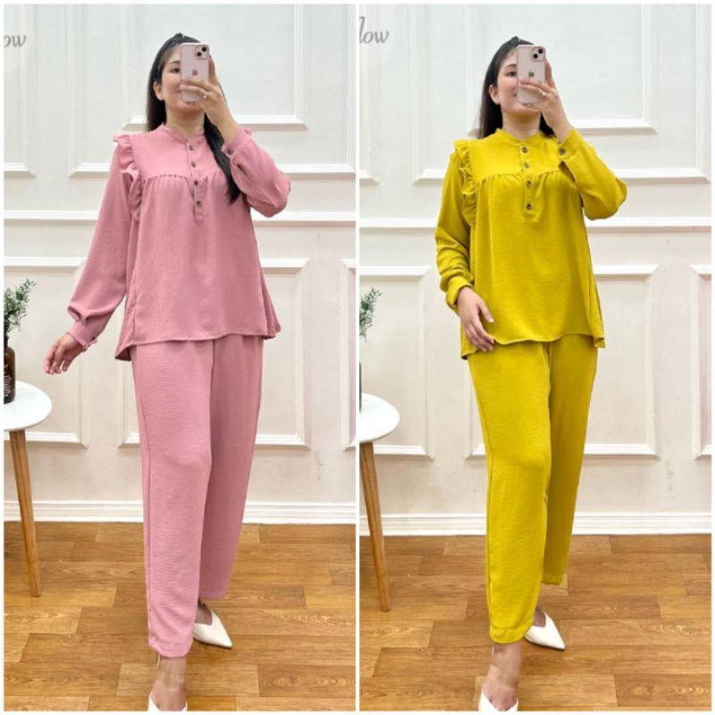 BISA COD AZKIYAHIJAB29 NAURA ONESET ONE SET TUNIK CRINCKLE AIRFLOW SET TUNIK POLOS BUSUI KANCING JUM