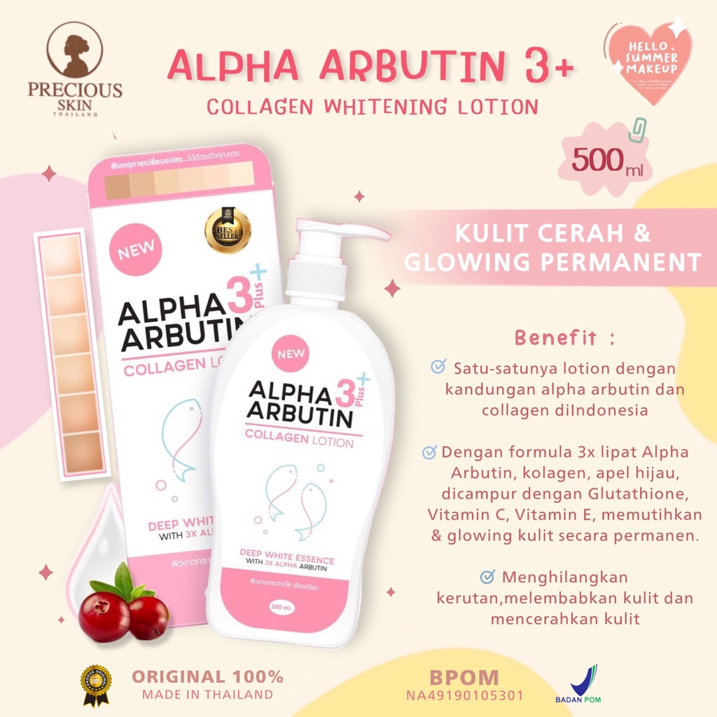 𝐖𝐇𝐈𝐓𝐄𝐍𝐈𝐍𝐆 𝐁𝐎𝐃𝐘 𝐋𝐎𝐓𝐈𝐎𝐍 - Precious Skin Aplha Arbutin 3 Plus Collagen Lotion / Body Loyion / Lotion Pemutih 10x Lebih Cepat Permanent 500ml