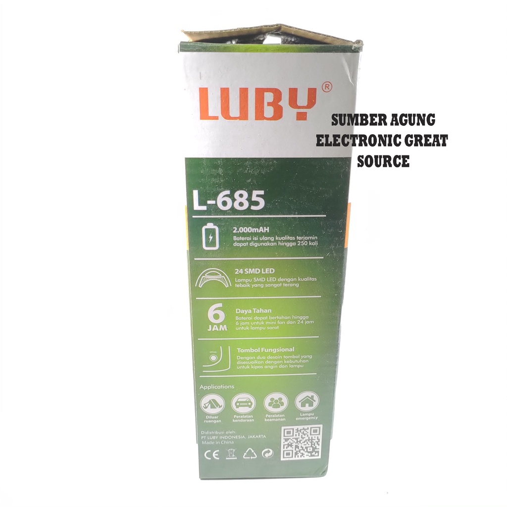 Luby L685 Kipas Mati Lampu Fan Emergency Tahan 6 Jam 2000mAh Tipe 685