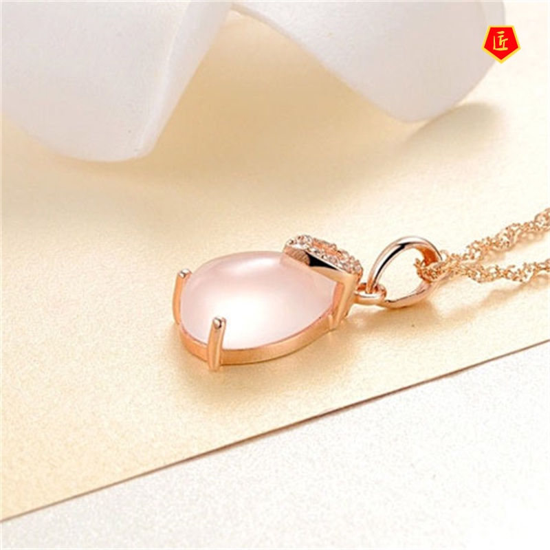 [Ready Stock]Silver Necklace Women's Pink Crystal Lucky Stone Pendant Simple and Elegant