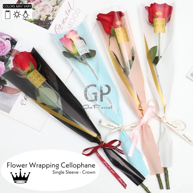 ( 5 Lembar ) CROWN -  FLOWER ROSE SLEEVE PACKING BAG - FLOWER WRAPPING PAPER 50x10 CELLOPHANE PLASTIC / KERTAS BUNGA