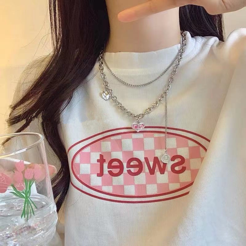 Kalung Rantai Klavikula Double Layer Desain Hati Warna Pink Gaya Korea Hip Hop Untuk Wanita