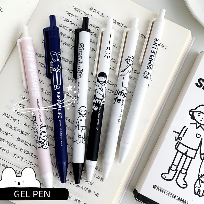 6pcs Pulpen Tinta Hitam 0.5mm Retractable Desain Karakter Kartun Simple