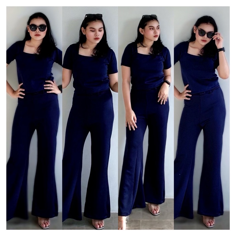 Setelan Fashion Wanita Scuba Navy Celana Cutbray Free Belt / Atasan fashion Wanita Crop Square / Baj