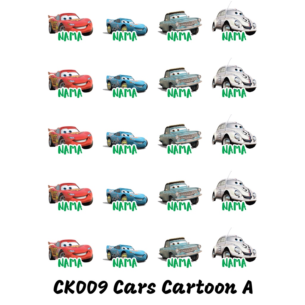 

Sticker Nama Cutting Label Waterproof Tahan Air Cars Cartoon A (CK009)