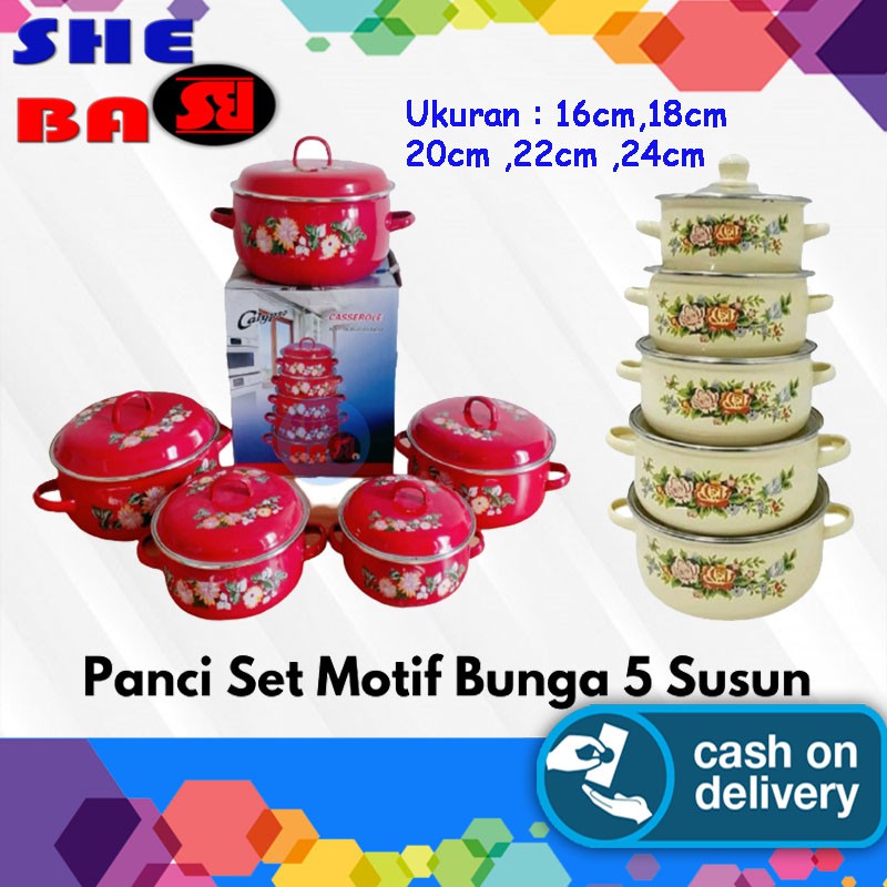 Panci Motif Bunga Set 5 Panci Enamet 10pcs Panci Bunga 5 Susun Calypso Casserole