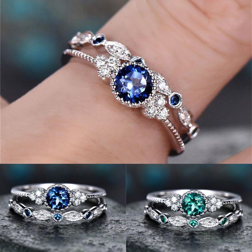 Nanas Biru Set Cincin Pesta Pengantin Perhiasan Tunangan Pernikahan Safir