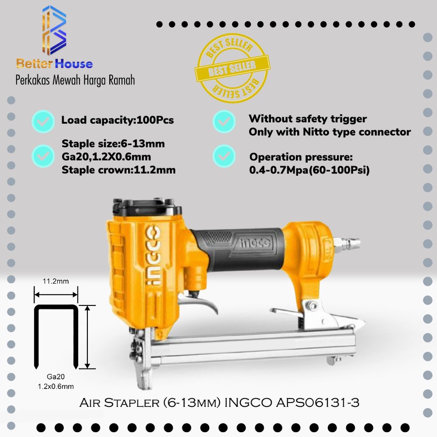 

Staples Hekter Tembak Angin GA20 Air Stapler (6-13mm) INGCO APS06131-3 YOG