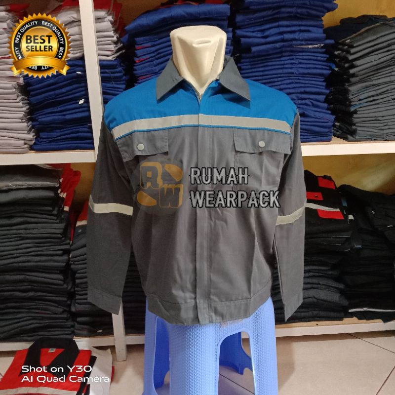 Baju Kerja/ Wearpack Proyek/ Seragam Kerja Atasan Warna Abu Tua Kombinasi Biru BCA