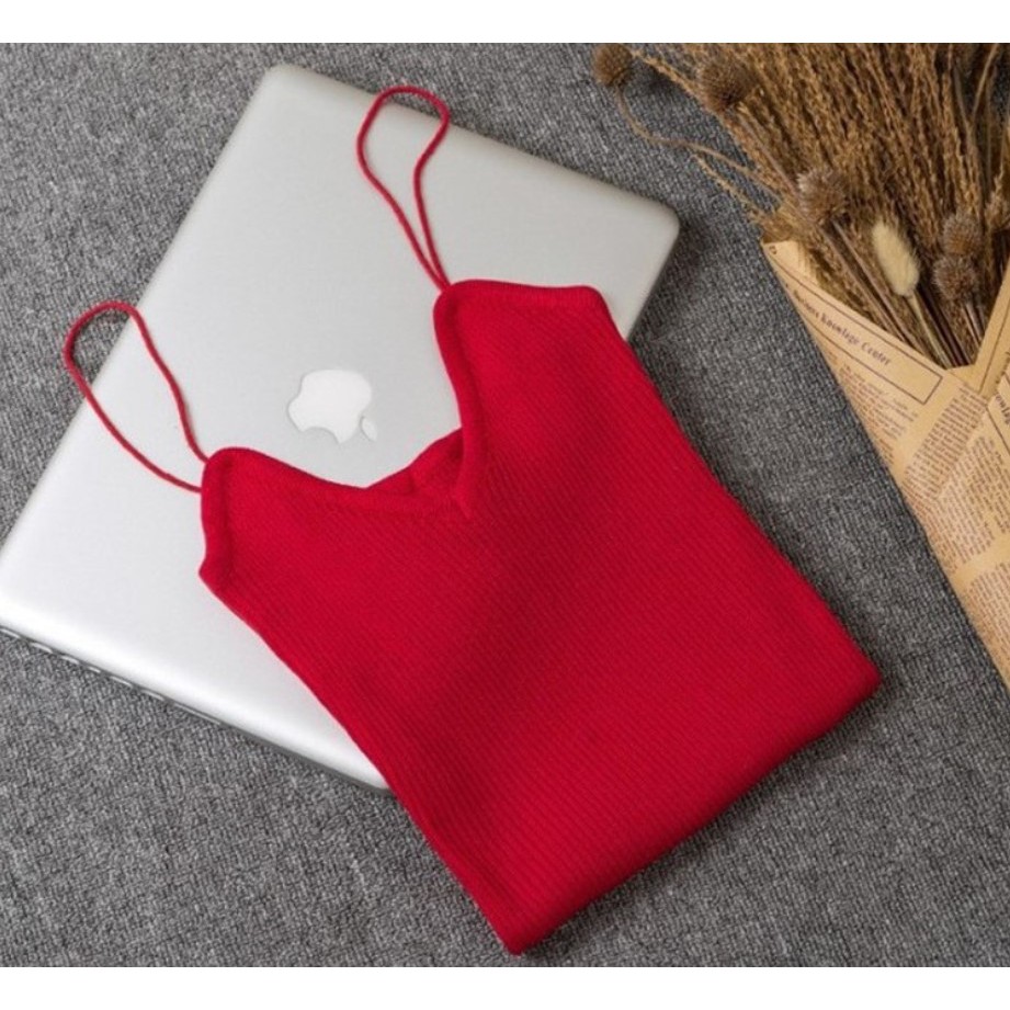 A01 Tanktop korea jepang tank top tali spaghetti V neck rajut lembut pakaian inner atasan wanita-Merah