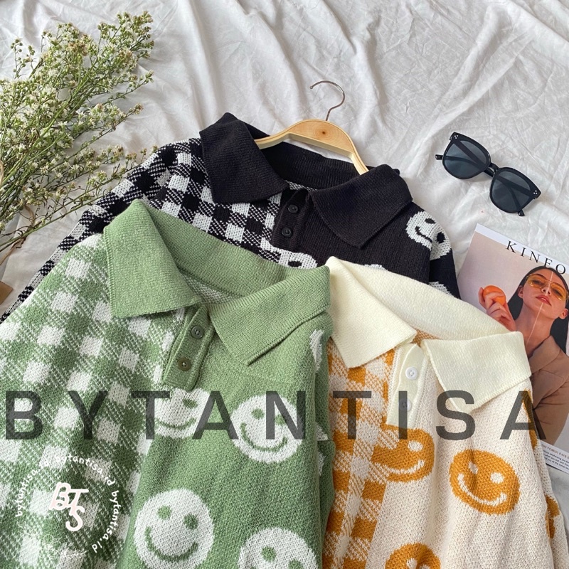 SWEATER RAJUT PREMIUM MOTIF SMILE  SQUARE LUCU CUTE | SWEATER MODEL KERAH TEBAL UKURAN JUMBO OVERSIZ