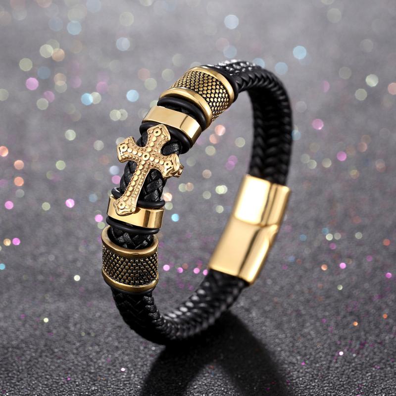 Vintage Fashion Pria Salib Stainless Steel Gelang Kulit Aksesoris Perhiasan 18.5CM~21CM